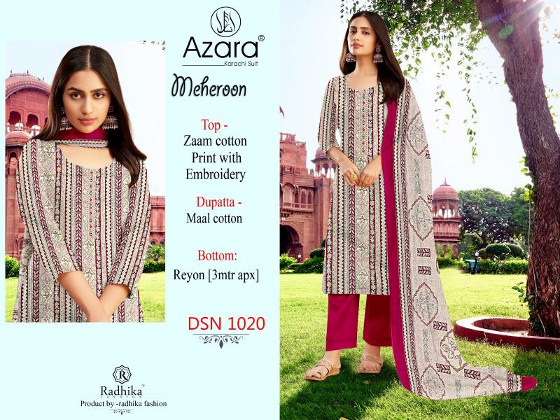 Radhika Azara Meheroon Cotton Printed Dress Material Wholesale catalog