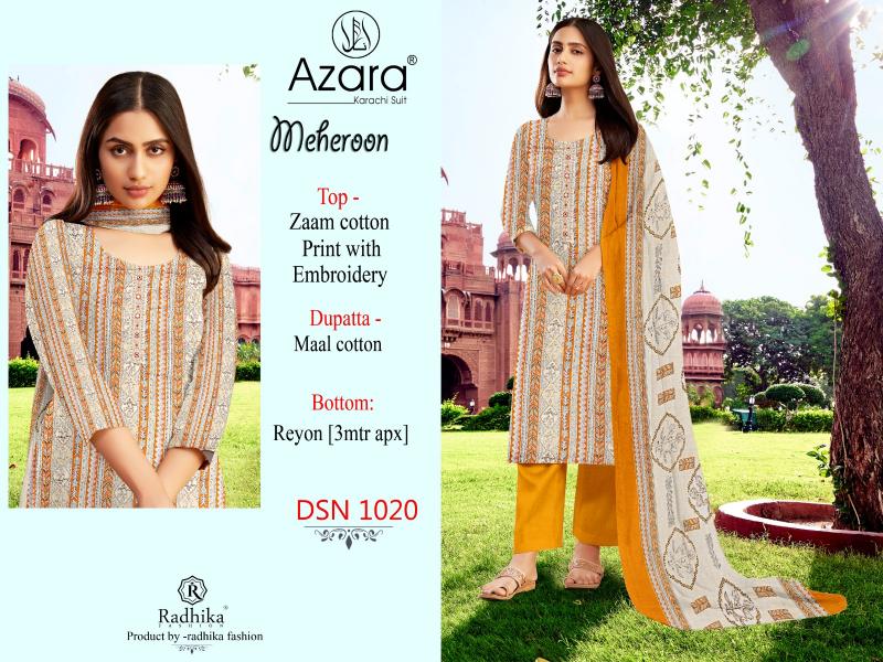 Radhika Azara Meheroon Cotton Printed Dress Material Wholesale catalog