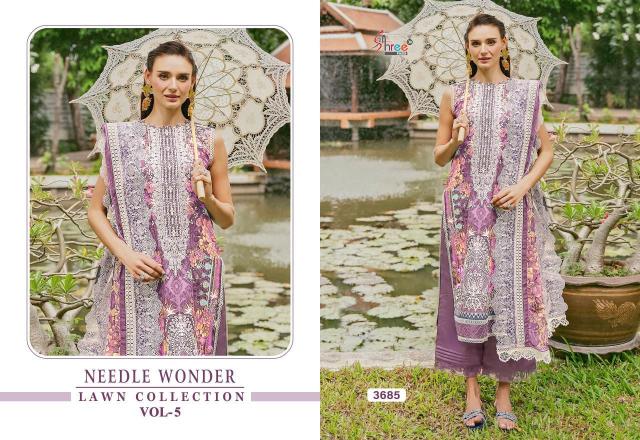 Shree Needle Wonder Lawn Collection Vol 5 Chiffon Dupatta Pakistani Lawn Suits Wholesale Catalog