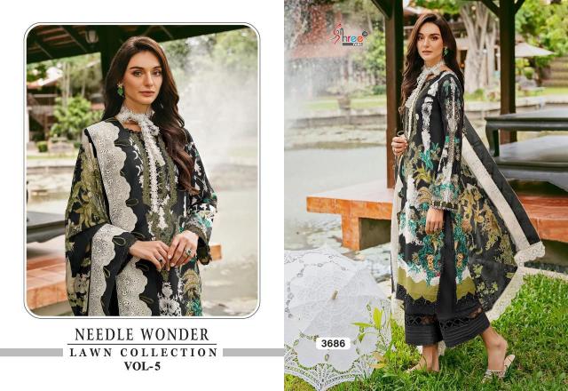 Shree Needle Wonder Lawn Collection Vol 5 Chiffon Dupatta Pakistani Lawn Suits Wholesale Catalog