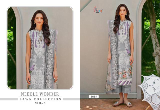 Shree Needle Wonder Lawn Collection Vol 5 Chiffon Dupatta Pakistani Lawn Suits Wholesale Catalog