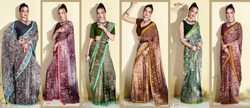 Vallabhi Viransha Georgette Fancy crepe Sarees Wholesale in Surat Wholesale Catalog