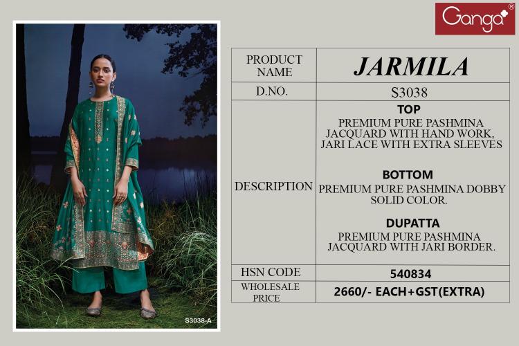 Ganga Jarmila 3038 Premium Pure Pashmina Jacquard Salwar Kameez Wholesale Catalog