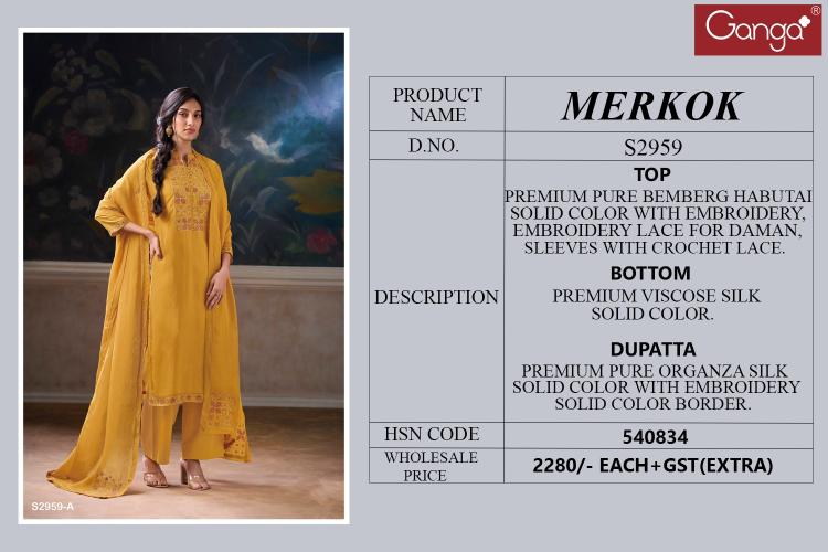 Ganga MERKOK 2959 Premium Pure Bemberg Habutai Salwar Kameez Wholeslae Catalog