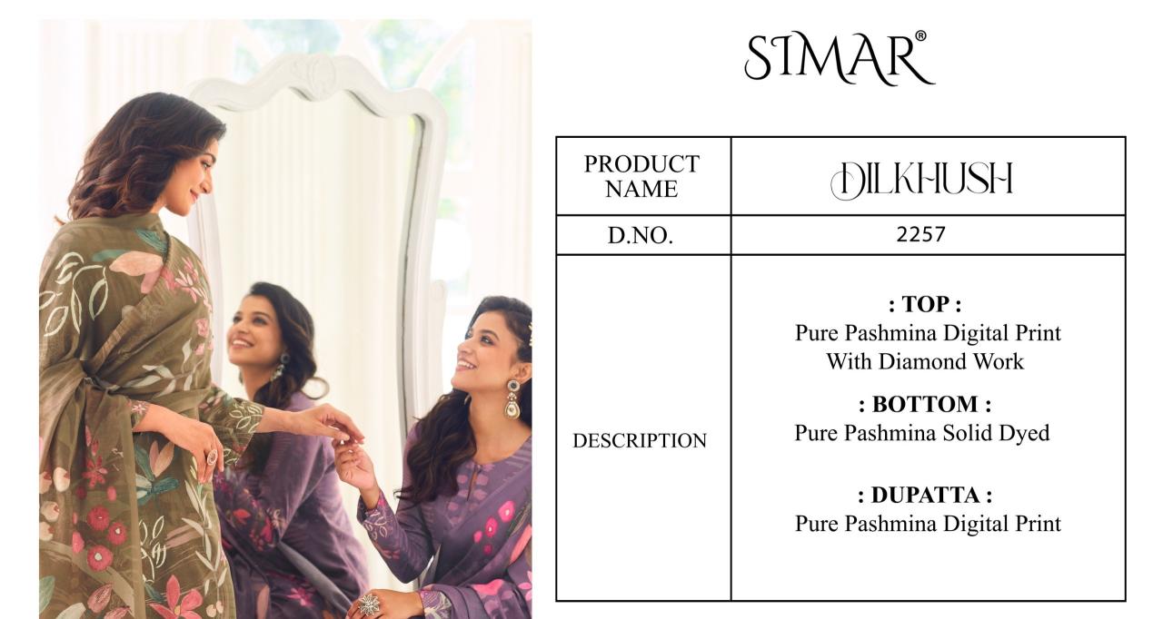 Glossy Simar Dilkhush Pure Pashmina Digital Print Salwar Kameez Wholesale Catalog