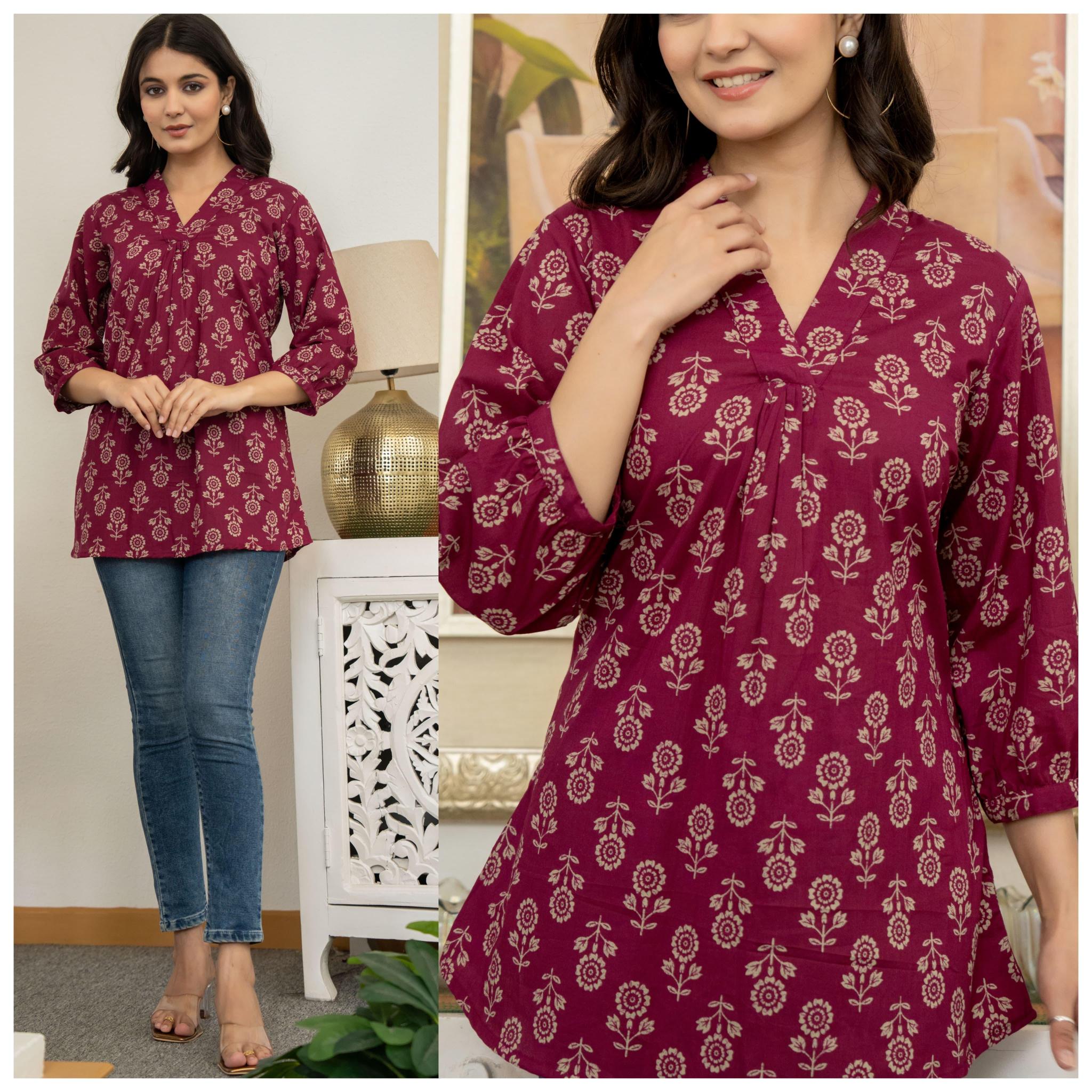 Sabella Cotton A Line V Neck Tops a line kurti cheap online india