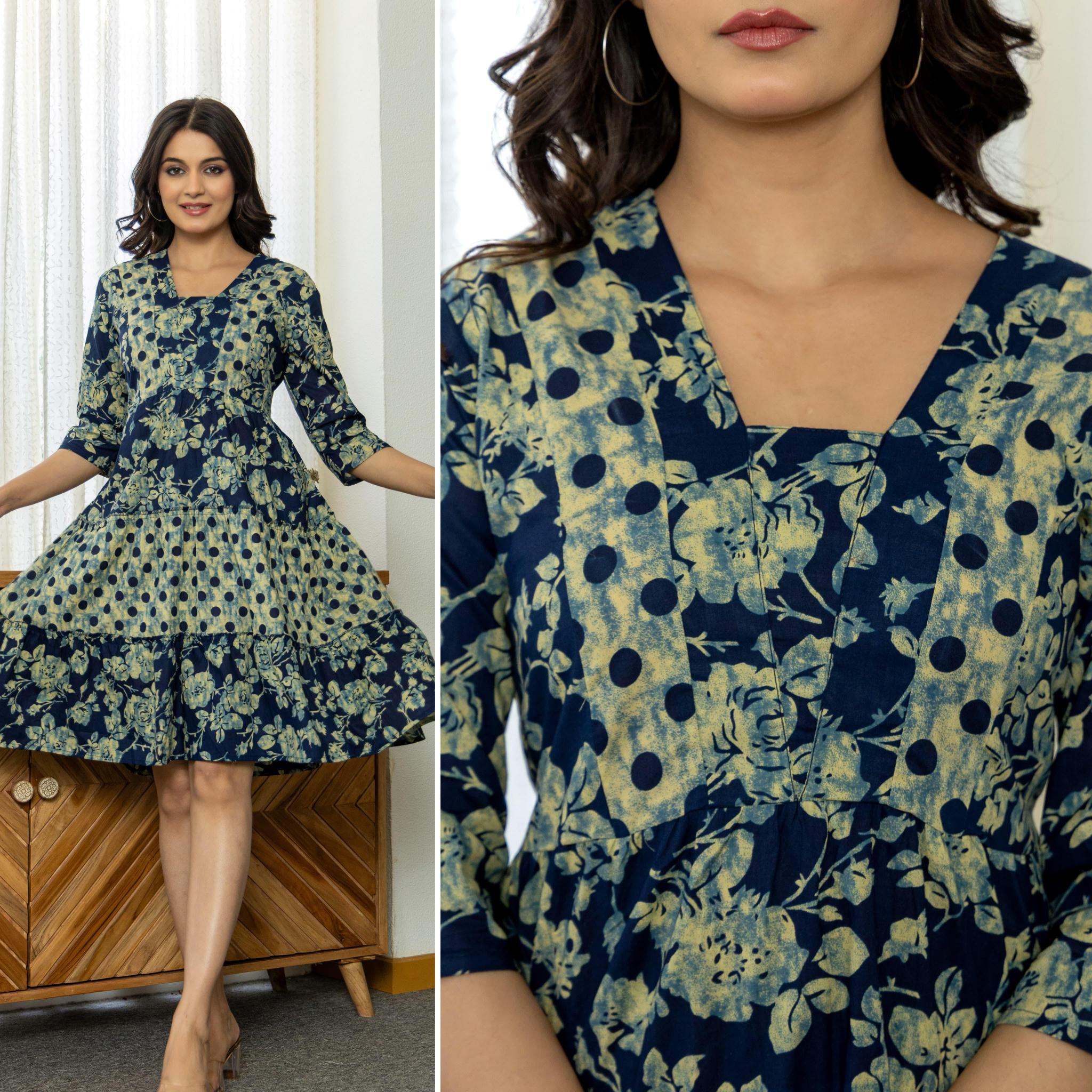 Sabella Cotton V Neck Dual Print Ruffle Western Dress Wholesale Catalog