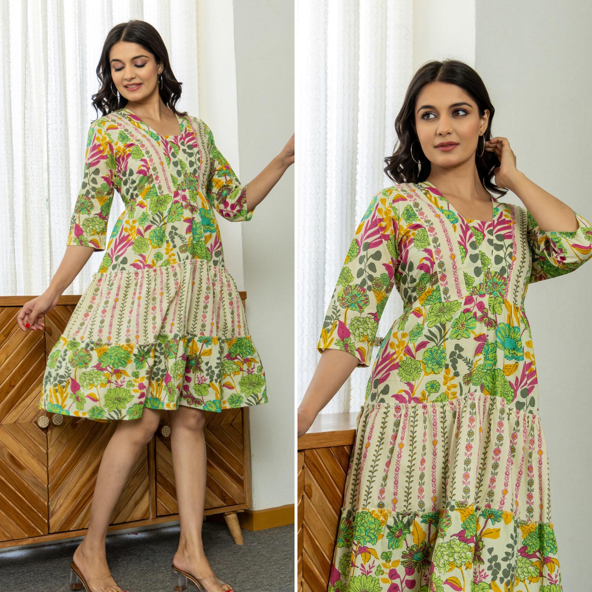 Sabella Cotton V Neck Dual Print Ruffle Western Dress Wholesale Catalog