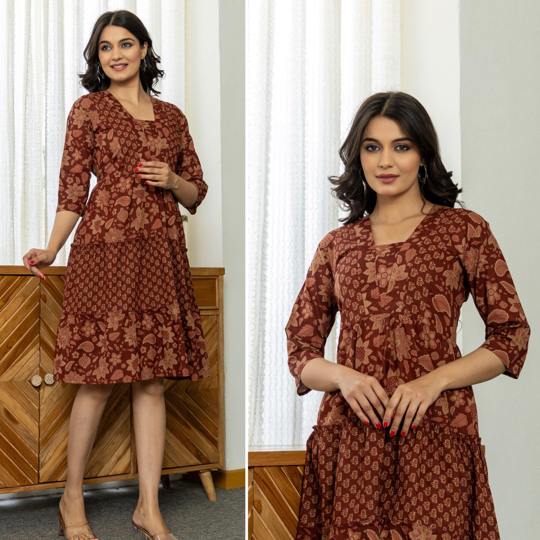 Sabella Cotton V Neck Dual Print Ruffle Western Dress Wholesale Catalog