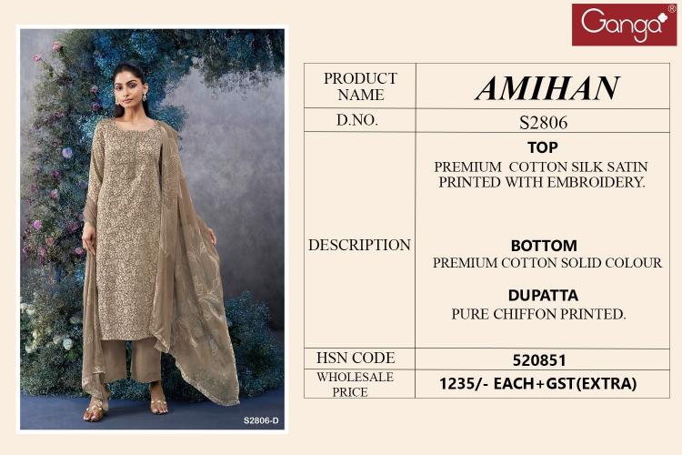 Ganga Amihan 2806 Premimum Cotton Silk Satin Salwar Kameez Wholesale Catalog  