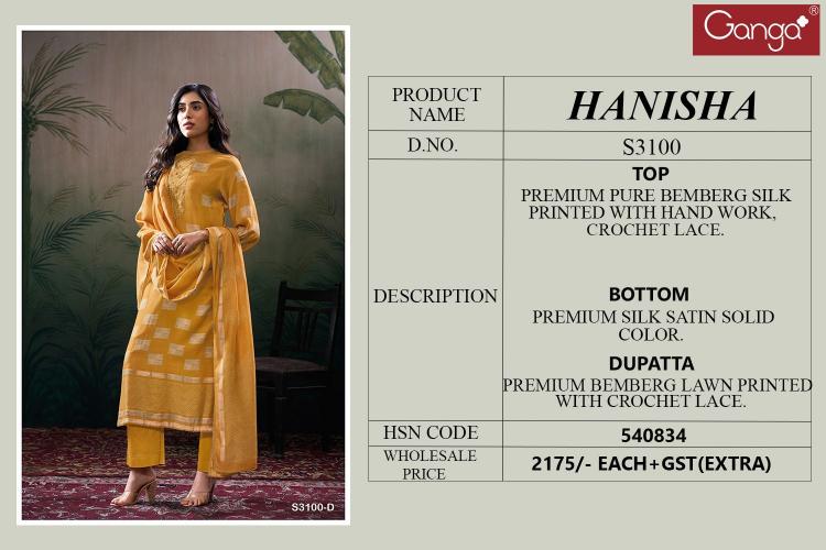 Ganga Hanisha 3100 Premium Pure Bemberg Silk Salwar Kameez Wholeslae Catalog