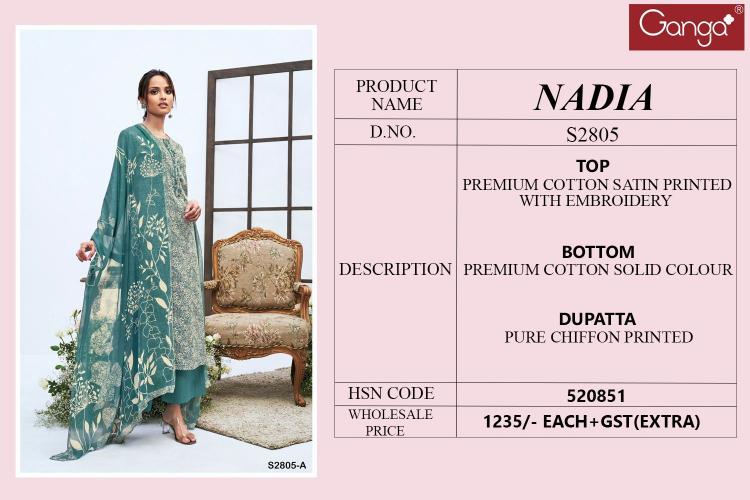 Ganga Nadia 2805 Premium Cotton Satin Salwar Kameez Wholesale Catalog