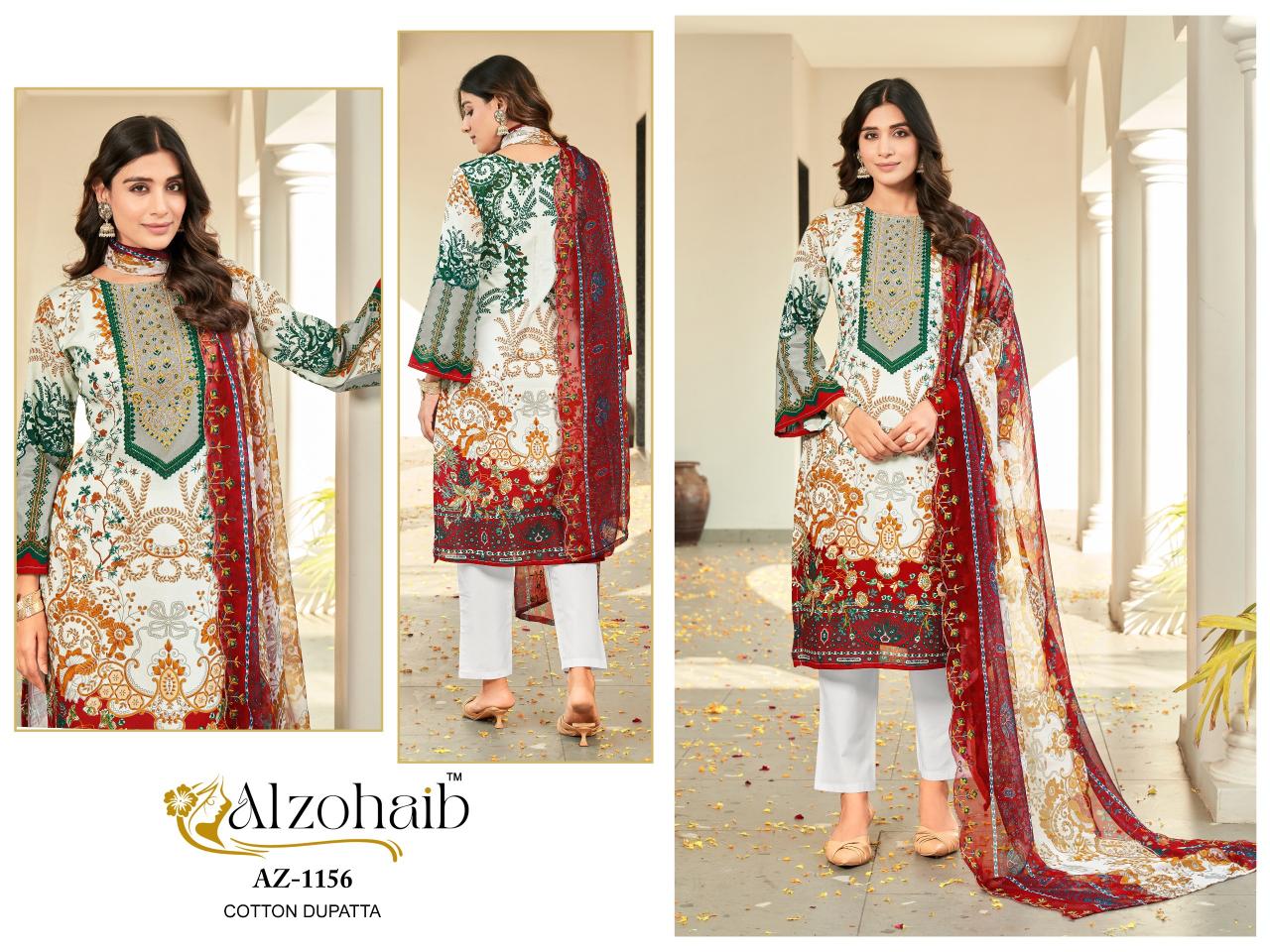 Alzohaib Az 1155 To 1157 Catalog Cotton Dupatta pakistani designer suits wholesale in india