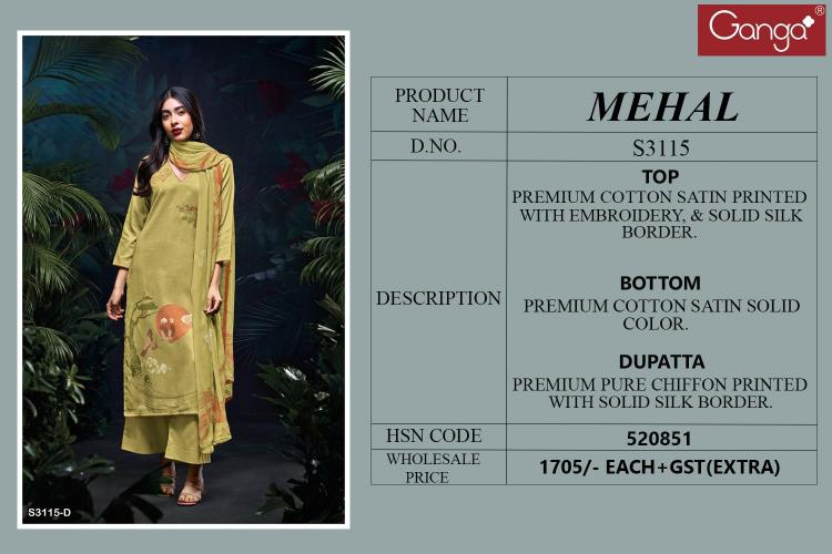 Ganga Mehal 3115 Premium Cotton Satin Salwar Kameez Wholesale Catalog