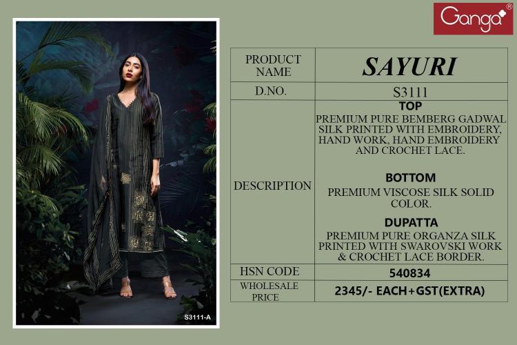 Ganga Sayuri 3111 Catalog Black Salwar suits Wholesale