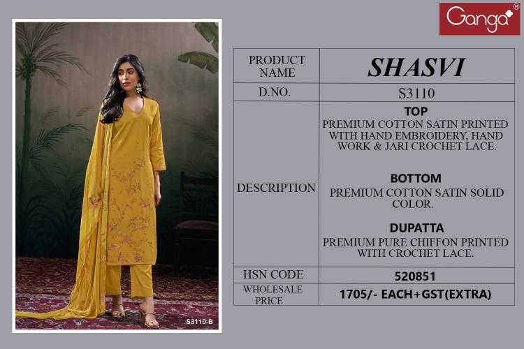 Ganga Shasvi 3110 Premium Cotton Satin Salwar Kameez Wholesale Catalog