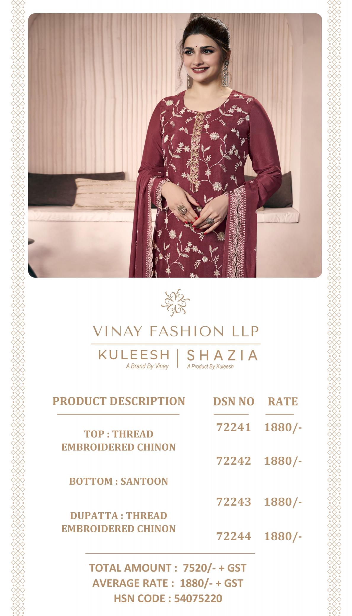 Vinay Kuleesh Shazia Catalog Chinon designer salwar kameez wholesale in surat