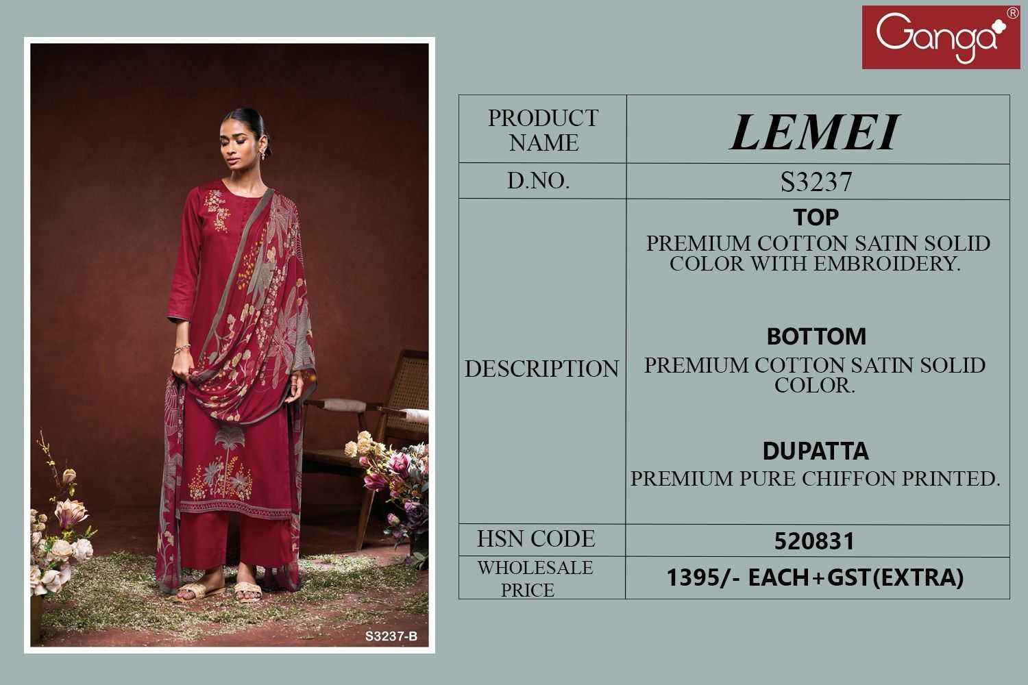 Ganga Lemei 3237 Catalog dress material wholesale