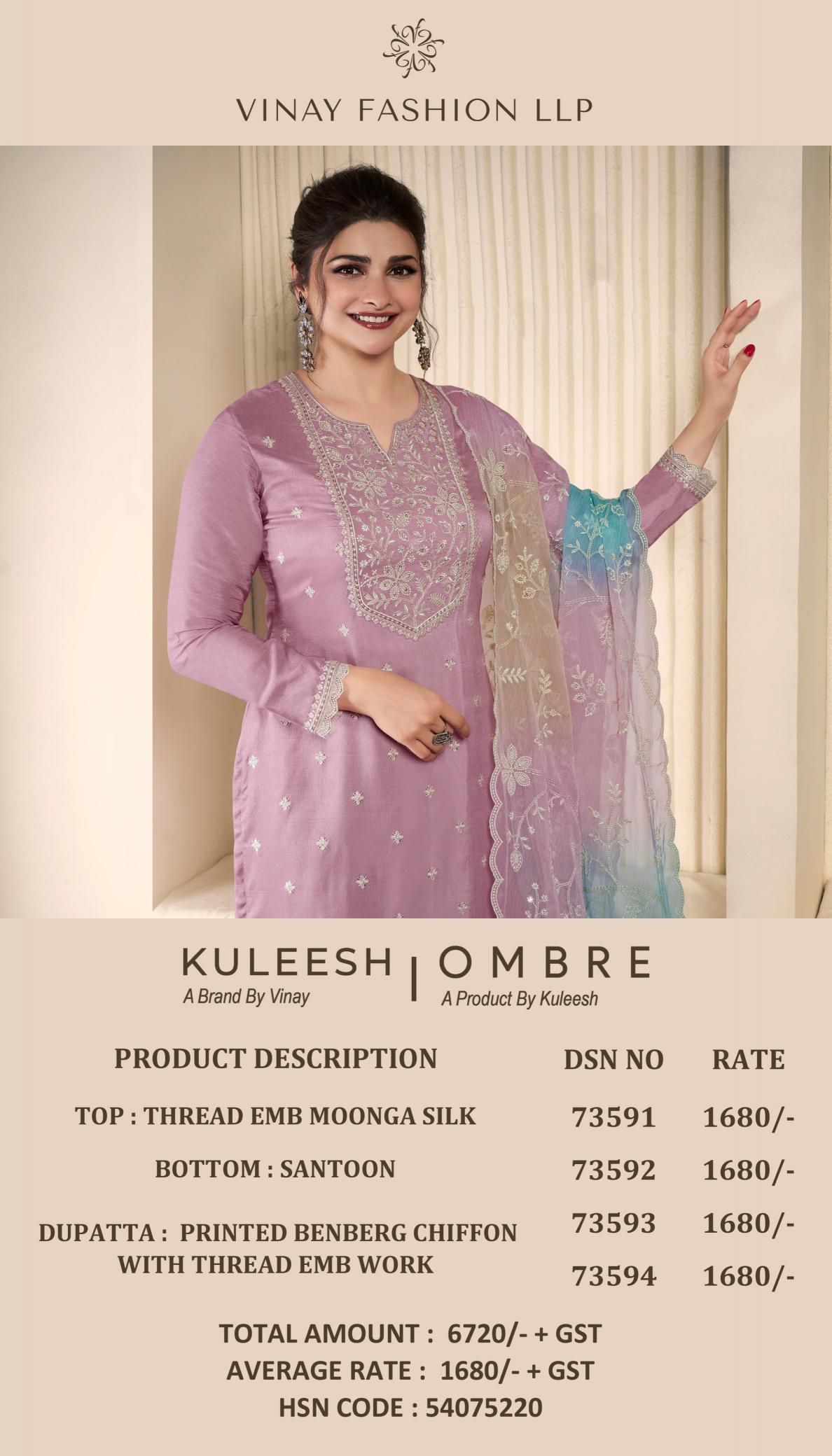 Vinay Kuleesh Ombre 73591 to 73594 Catalog unstitched suits party wear